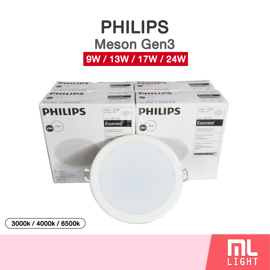 Philips LED Downlight 6W 9W 13W 17W โคมไฟ ดาวน์ไลท์ แสงขาว/วอม/คลูไวท์ หน้ากลม/เหลี่ยม 3นิ้ว 4" 5" 6นิ้ว รุ่น MESON Gen3