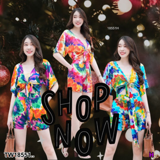 👗Pfashion [ส่งไวมาก🚛] P18551 set 2 ชิ้น เสื้อมัดย้อมลายนกยูงผูกโบว์ด้านหน้า + กางเกงขาสั้น ..