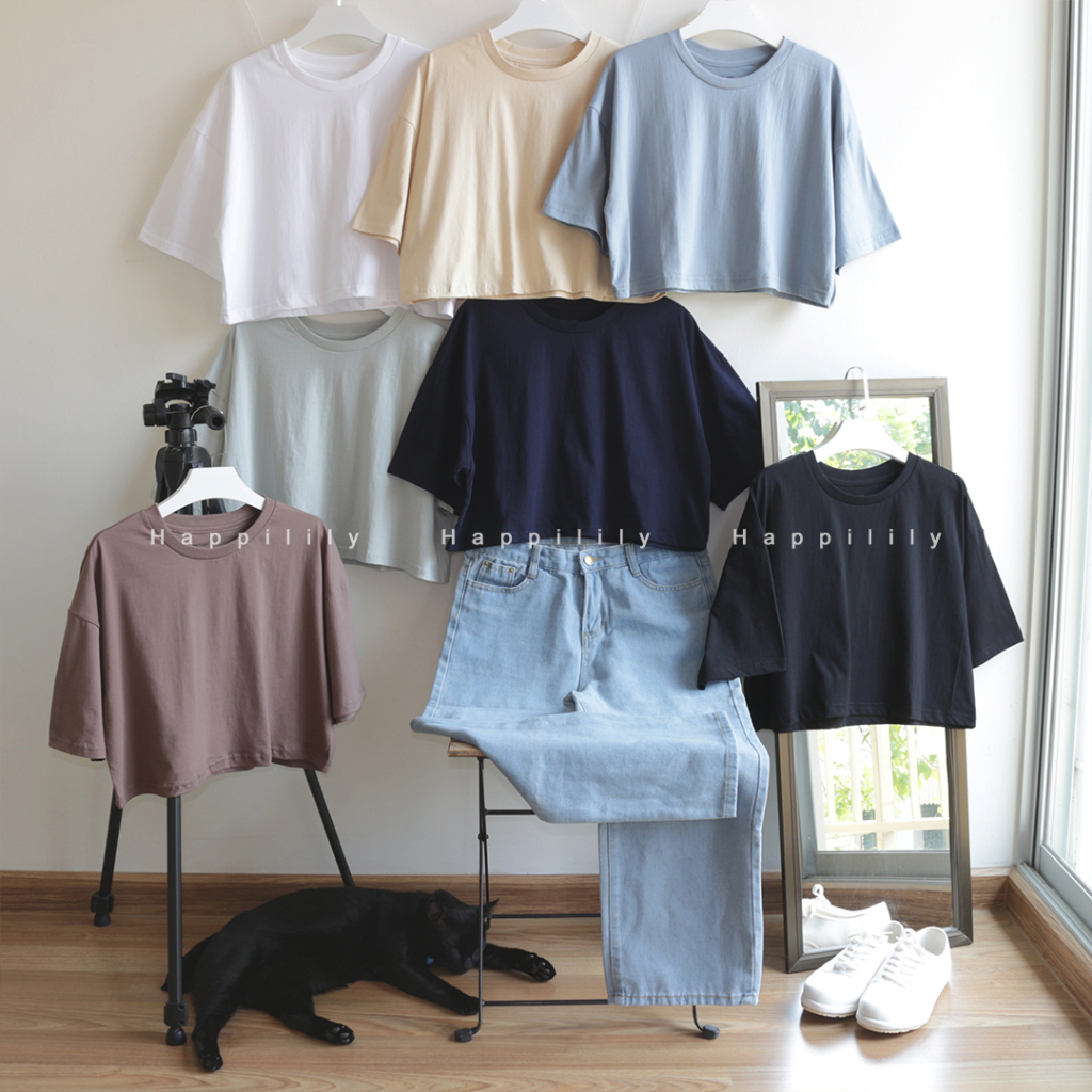 Happilily เสื้อครอป ผ้าคอตตอน100% crop oversize แขนสั้น ทรงสวย