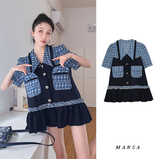 MANSA navy blue flower embroidery mini dress มินิเดรสผ้าปักลายดอกไม้สีน้ำเงิน ชุดเดรสสั้น