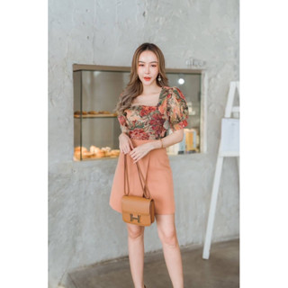 จัดโปร จั้มสูท กางเกง-กระโปรง สีน้ำตาล เสื้อแต่งลายดอก ผ้าทอ