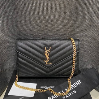 YSL YVES SAINT LAURENT MONOGRAM CHAIN WALLET IN GRAIN DE POUDRE EMBOSSED LEATHER กระเป๋า woc วายเอสแอล คาร์เวียร์ ทอง