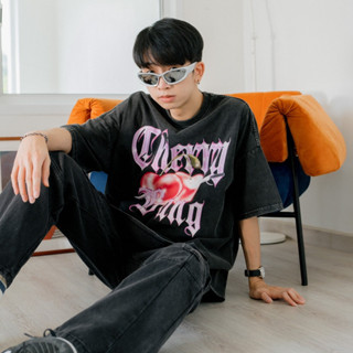 CHERRY vintage T-shirt เสื้อยืดแขนสั้นทรงโอเวอร์ไซส์ผ้าฟอก