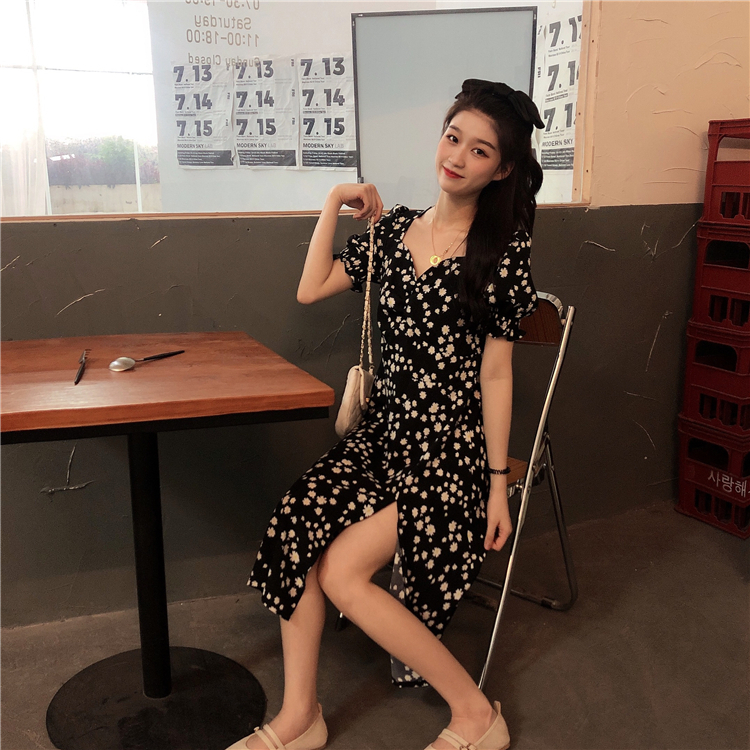 ชุดเดรสผ้าชีฟองคอวี แขนพอง ทรงเอ คลุมเข่า ผ่าข้าง ลายดอกเดซี่ ใส่สบาย สไตล์เกาหลี
