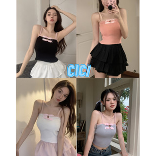 Cici(NO.54153)สายเดี่ยวไหมพรมแต่งโบว์หน้าอกผ้าร่องเล็กสีพาสเทลน่ารักสุดๆ