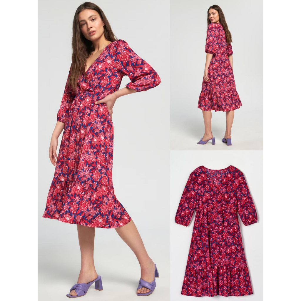 Sinsay Midi dress with floral เดรสคอวี ลายดอก ขอบเอวและปลายแขนยางยืด เนื้อผ้าโพลี่เอสเตอร์ ผ้าเนื้อนิ่ม เนื้อผ้ายืด