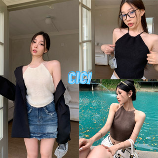 Cici(NO.R003)เสื้อครอปแขนกุดซีทรูเบาๆ ดีเทลผูกเชือกเว้าหลัง ต้อนรับช่วงSummer