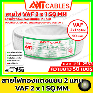 ANT Cables สายไฟแบน VAF 2 x 1 SQ.MM ขดละ 50 เมตร ( สายไฟวีซีที สายแกนคู่ ทรงแบน สีขาว สำหรับเดินลอย ตีกิ๊ป )