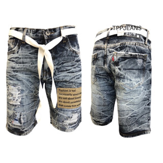 JEANSEXPRESS Mens Shorts Denim กางเกงยีนส์ขาสั้นชายเหนือเข่าสีบลูฟอกสโนว์แต่งปะขาดเซอร์ มีเชือก เป้าซิป Size28-36