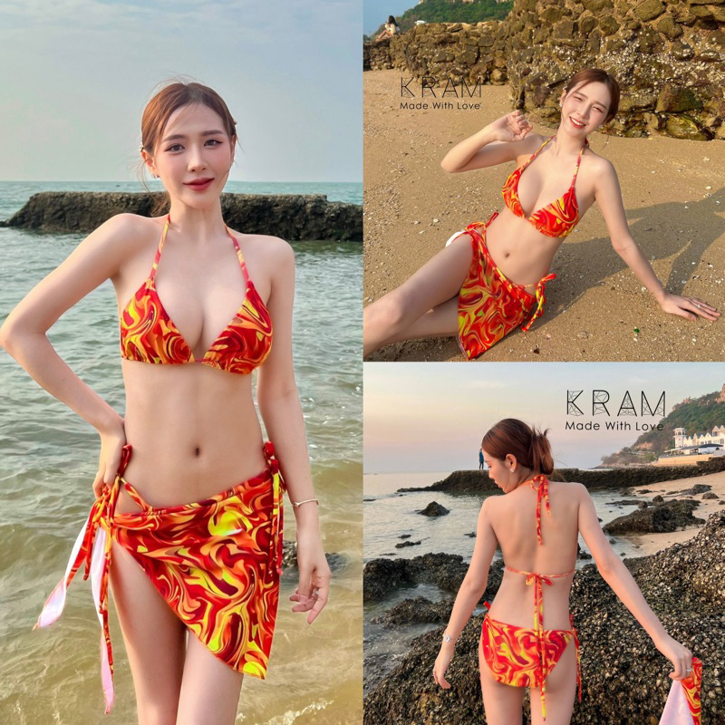 ชุดว่ายน้ำเซต3ชิ้นบิกินี่พร้อมผ้าผูกผ้าว่ายน้ำมีฟองน้ำno.9186