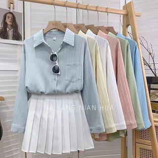 ล้างสต็อก🔥 PBB2933 เสื้อเชิ้ตอัดพลีทผ้าคอตตอนลินินคอปกแขนยาวผู้หญิง เสื้อแฟชั่นเกาหลีสีทึบเรียบง่ายลำลอง ทรงหลวม ใส่สบาย