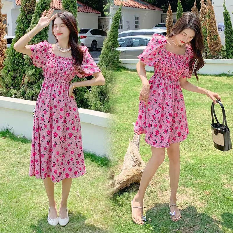 Sweet พร้อมส่ง เดรสชมพูดอกไม้แดง แขนพอง ลายดอกไม้สไตล์ฝรั่งเศสย้อนยุคแบบกระโปรงยาว-สั้น 6785