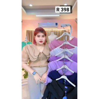 398.L เสื้อสาวอวบสุดหรู ผ้าแก้วปก3ชั้น ตัดขอบดำแขนตุ๊กตา