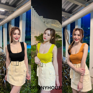 🌈Spinnyhousestudio🌈 เสื้อกล้ามครอปคอเหลี่ยม ผ้าไหมพรม⭐💕เสื้อครอป คอเหลี่ยม🌈รุ่น คอเหลี่ยม แพรวา C403C