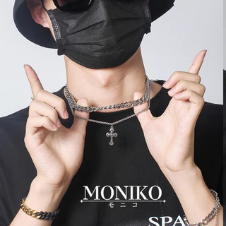 MONIKO สร้อยคอโซ่เงิน สองชั้น จี้ไม้กางเขน ประดับเพชร สไตล์ฮิปฮอป