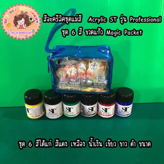 สีอะครีลิคชุดแม่สี  Acrylic ST รุ่น Professional ชุด 6 สี ขวดแก้ว Magic Packet