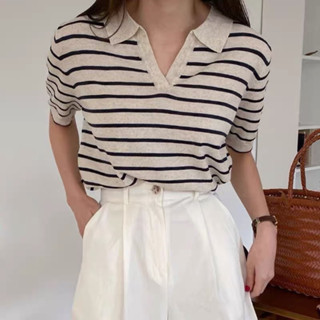 Stripe polo knit top