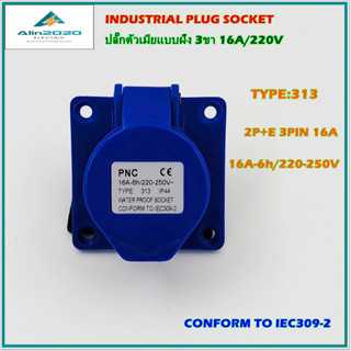 TYPE:313 INDUSTRIAL PLUG SOCKET ,POWER PLUG,เพาเวอร์ปลั๊ก,ปลั๊กอุตสาหกรรม,ปลั๊กตัวเมียแบบฝังหน้าตรง 2P+E 16A 220V IP44