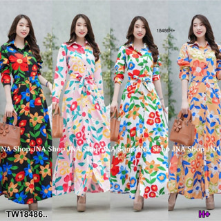 MM18486 แม็กซี่เดรสเชิ้ตยาว พิมพ์ลายดอกไม้ สายผูกเอว .maxi long shirt dress Floral print, waist tie..