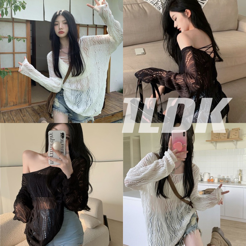 1LDK พร้อมส่ง เสื้อไหมพรมถัก แขนยาว ดีเทลร้อยเชือกด้านหน้า ผ้านิ่มมาก(2119-1)