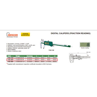 เวอร์เนียดิจิตอล แบบอ่านค่าเศษส่วน (Digital Calipers (FRACTION READING)) INSIZE รุ่น 1102-200 ขนาด 8 นิ้ว (สินค้าใหม่)