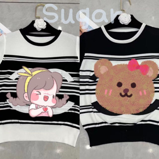 Sugar 🌈พร้อมส่ง🌈เสื้อยืด แขนสั้นคอกลม เสื้อครอป ผ้าไหมพรม(67103)