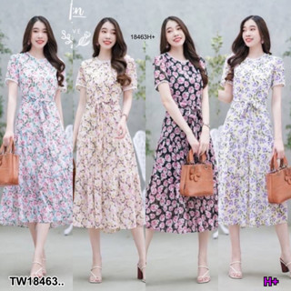 J18463 เดรสชีฟองลายดอกไม้ ผูกเอว Chiffon dress with floral pattern, tied at the waist