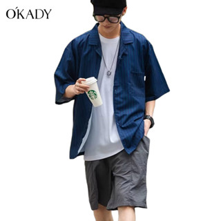 OKADY เสื้อเชิ้ตผู้ชาย เสื้อเชิ้ตแขนสั้น ผ้าเรยอน ผ้าตาข่าย คอปกวาฟเฟิล สไตล์สตรีท สําหรับผู้ชาย