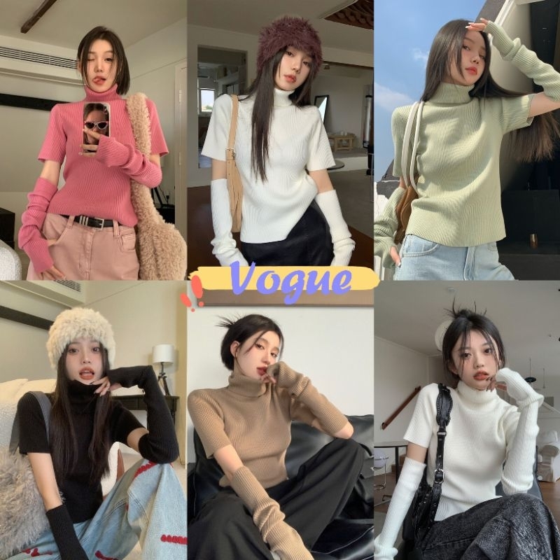 Vogue พร้อมส่ง เสื้อไหมพรมแขนสั้นคอเต่า แถมปลอกแขน ดีเทลปลอกแขนสอดนิ้ว (80075)