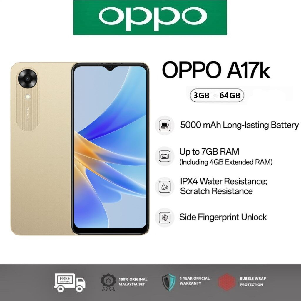 OPPO A17k (3+64GB)| โทรศัพท์มือถือ แบตใหญ่ 5,000mAh สแกนลายนิ้วมือด้านข้าง รับประกัน 12 เดือน