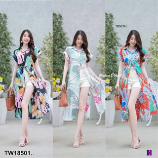 MM18501 เดรสแขนเบิ้ลปกเชิ้ตลายใบไม้ ผ่าด้านข้าง 2 ข้าง .Dress with double sleeves, cover, leaf pattern shirt, side cut o