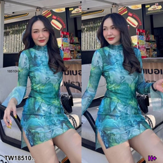 💚🤍Dress เดรสสั้นทรงรัดรูปตามสัดส่วน คอชิด แขนยาว บายแขนผ่าทั้ง 2 ข้าง ชายกระโปรงผ่าข้าง