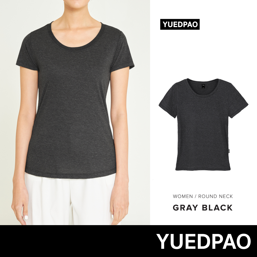 Yuedpao No.1 เสื้อยืดผู้หญิง ไม่ย้วย ไม่หด ไม่ต้องรีด ผ้านุ่มใส่สบาย Ultrasoft Non-Iron เสื้อยืดคอกลมผู้หญิง สี เทาดำ