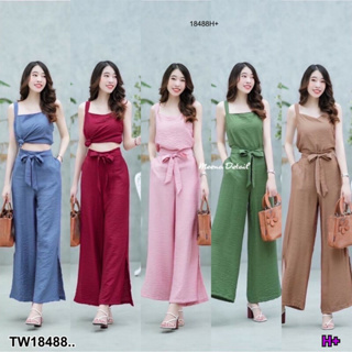 TT18488 Set 2 ชิ้น เสื้อสายเดี่ยว ทรงปล่อย + กางเกงขายาว ผ่าขา Set of 2 pieces. Tank top, loose shape + long pants with