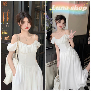 Luna shop🍑เดรส🍄แขนพองฝรั่งเศส  ชุดเดรสเอวผู้หญิง  เหมาะสำหรับชายทะเล  ชายหาด, วันหยุด  กระโปรงสวิงยาว  กระโปรงแขวนไหล่ข้างเดียว คุณภาพสูง  ราคาถูก🚚พร้อมส่งจากกทม มาถึงใน 3-5 วัน