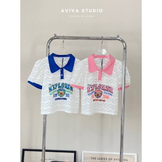 AVIVA STUDIO 💙💗 เสื้อครอปลูกไม้ปกน้ำเงิน/ชมพู