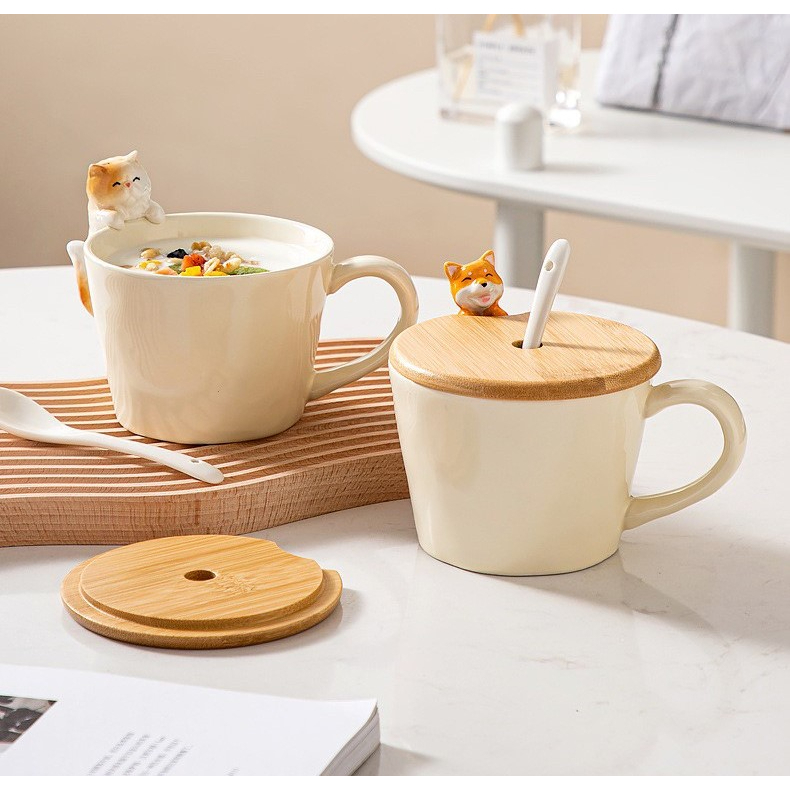 C9008 พร้อมส่ง ส่งเร็ว ส่งไว ถ้วยเซรามิก Shiba Ceremic cup set ชุดแก้วกาแฟหมาชิบะ แมวน้อย พร้อมช้อนเซรามิกและฝาไม้จริง
