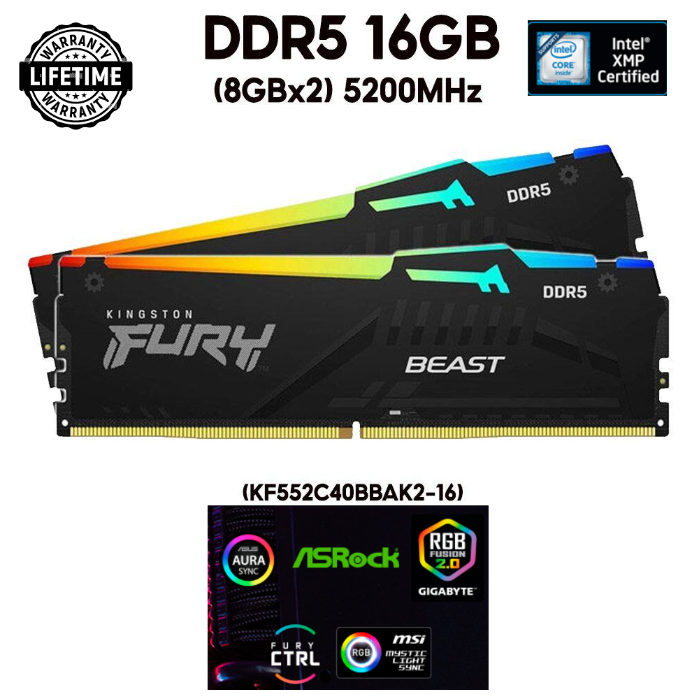 32GB(16x2) ,16GB(8GBx2) DDR5 5200MHz RAM (หน่วยความจำ) KINGSTON FURY BEAST DDR5 RGB (BLACK) -Lifetime