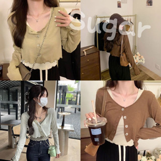 🌈พร้อมส่ง🌈เสื้อไหมพรม คอกลมแขนยาว เสื้อครอป กระดุมหน้าแกะได้จริง ผ้ายืด(45638)