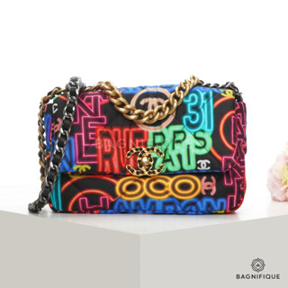 CHANEL FLAP 19 26 BLACK GRAFFITI NEON NYLON SGHW