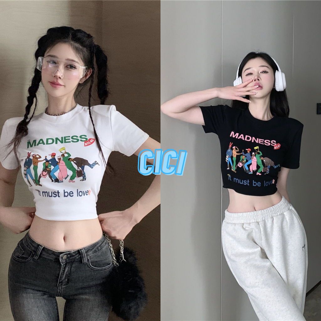 SALE Cici(NO. 10287)เสื้อครอปแขนสั้น กรีนลายการ์ตูนน่ารักมากก (มีฟองน้ำเสริมบ่า)ใส่ได้Every dayเลย