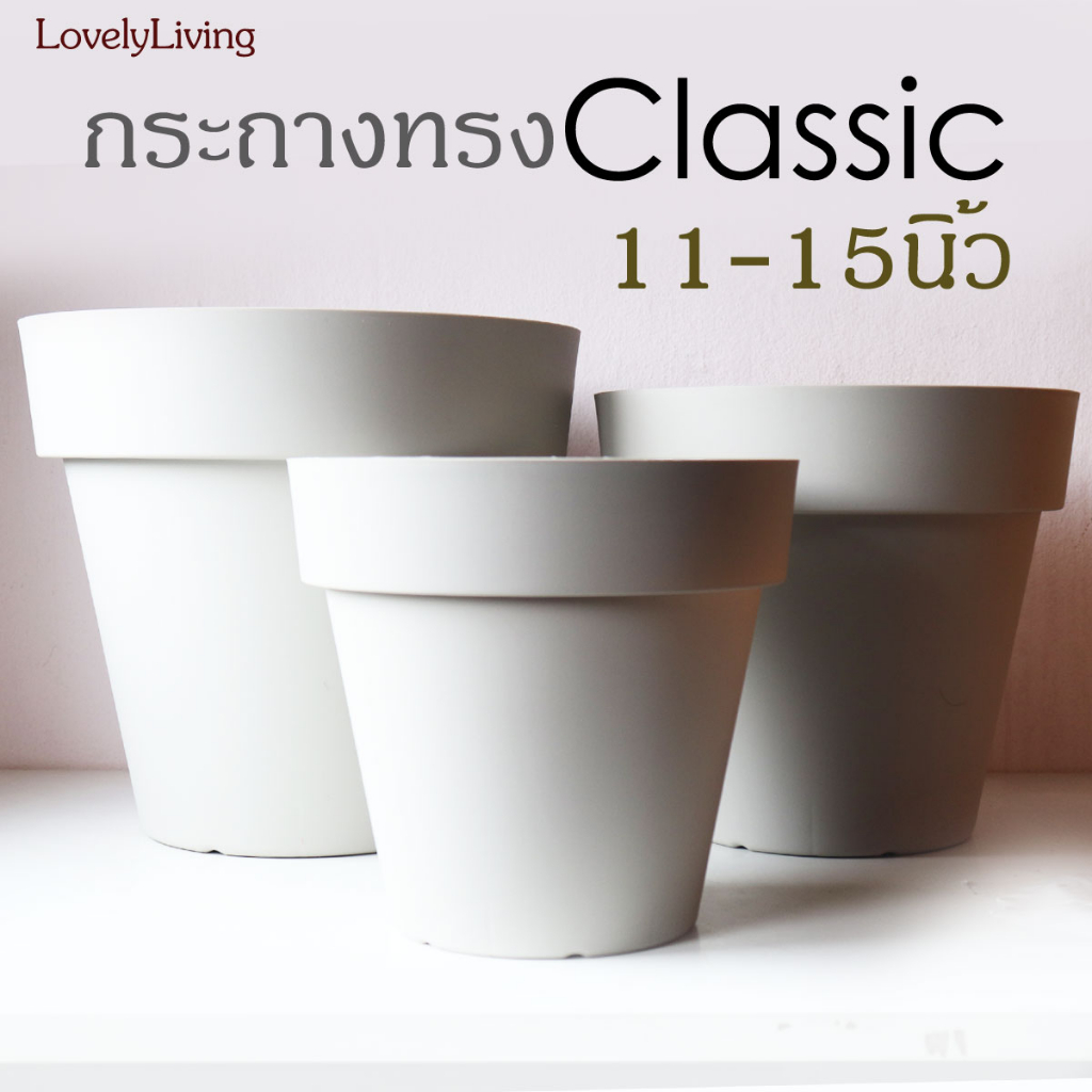 กระถางทรงเตี้ย รุ่น Classic ทำจากพลาสติกคุณภาพดี เป็นรุ่นแนะนำ เหมาะสำหรับต้นไม้ขนาดใหญ่ มีขนาด  11 13 15 นิ้ว