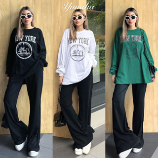 เซทเสื้อคอกลมแขนยาว ทรง Oversize Style มาพร้อมกางเกงขายาวทรงขาม้าสีดำ ชุดเซต ชุดเซ็ท Yunaka