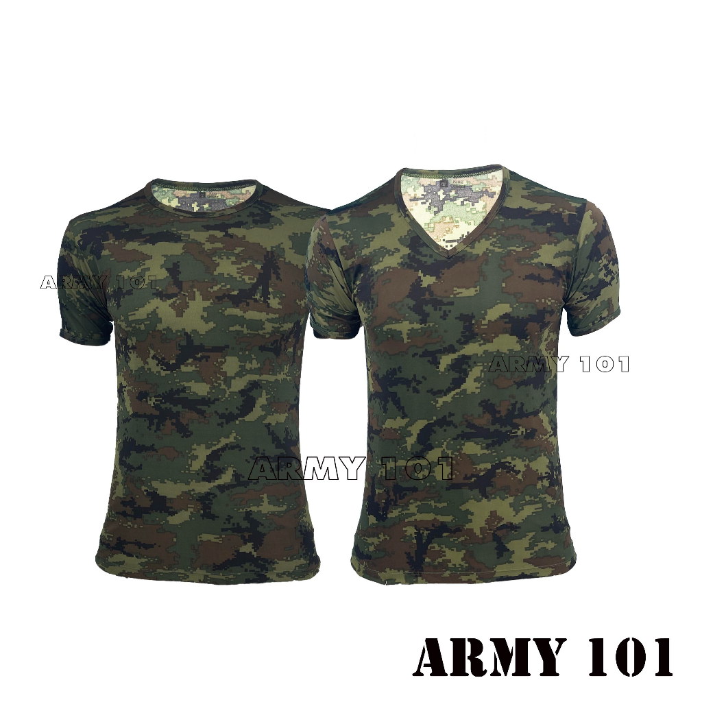 เสื้อยืด เสื้อซับใน ผ้านาโน ปักโลโก้ กอ.รมน. คอวี   สีพื้น ลายพราง ทหารบก ทหารเรือ ทหารอากาศ