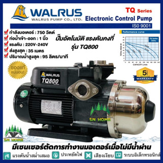 ปั้มน้ำอัตโนมัติแรงดันคงที่ 750W WALRUS รุ่น TQ800B ควบคุมด้วยอิเลคทรอนิคส์ ปั๊มวอรัส ปั๊มบ้าน ปั๊มอัตโนมัติ เสียงเงียบ