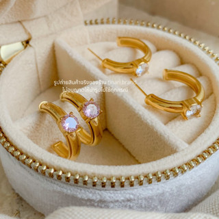 FAV TINARI 104 stainless gold hoops cz diamond ต่างหูห่วง ตุ้มหูห่วง สแตนเลส เพชรcz ชมพู ชุดไปเที่ยว เดรส ชุดเซต