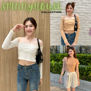 🌈 Spinnyouse 🌈 เสื้อครอปปาดไหล่ ครอปแขนสั้น ผ้าร่องนิ่มมาก ใส่แล้วลุคคุณหนูสุด รุ่น ปาดไหล่ ครอปแขนสั้น 45