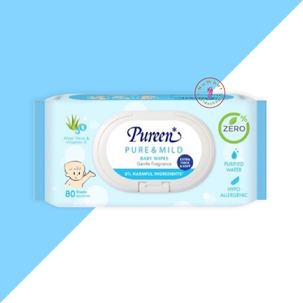 PUREEN (เพียวรีน) NC001 ทิชชู่เปียก (แพ็คx4ห่อ) สีฟ้า,ชมพู 80 แผ่น BABY WIPES SENSITIVE