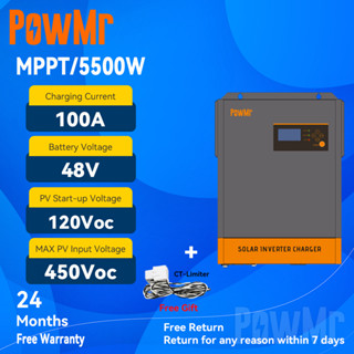 PowMr MPPT 5.5KW Off-grid / On-grid Pure Sine Wave Solar Hybrid Inverter 48Vdc 230VAC ตัวควบคุมการประจุพลังงานแสงอาทิตย์ในตัว 100A MAX PV แรงดันไฟฟ้าขาเข้า 120-500Voc สูงสุด 12 หน่วยในแบบขนาน