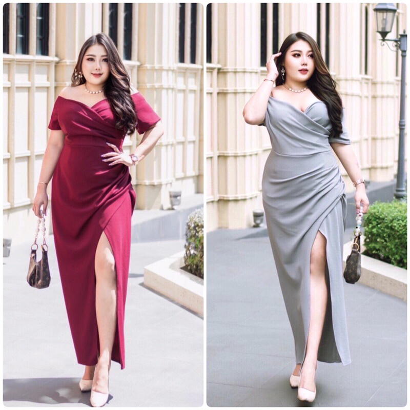 ชุดเดรสสาวอวบออกงาน ชุดเดรสคนอ้วน ผ้าวูลเวฟ ใส่ไปงานเลี้ยง ผ่าข้าง FREE SIZE t1